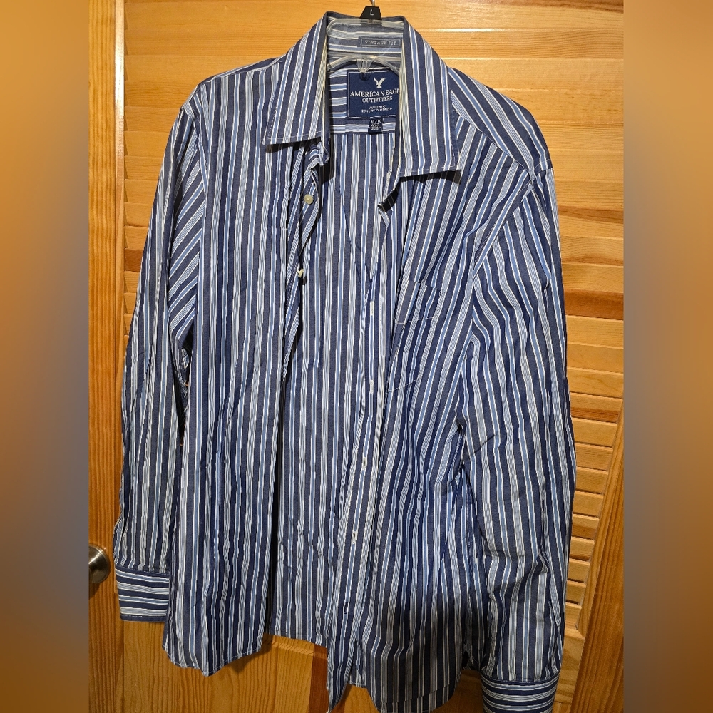 American Eagle Vintage Blue Vertical Striped Shirt XL